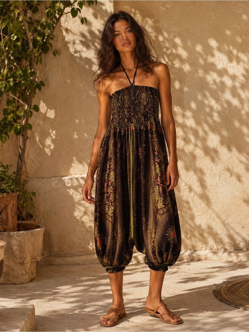Gypsy Rose Smocked Harem Jumpsuit Boho Festival Paisley Hippie Free Size